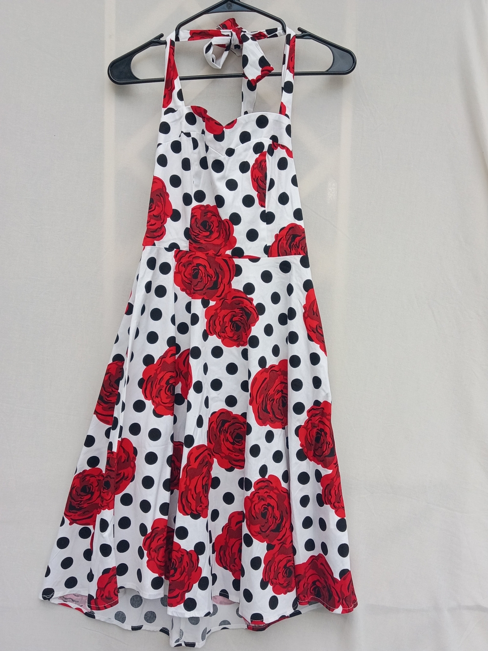 Tie-Back Halter Midi Dress in White with Red Rose & Black Polka Dots